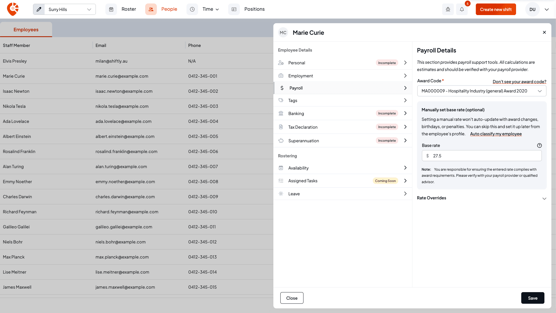The Payroll tab showing the estimates note, award code and base rate