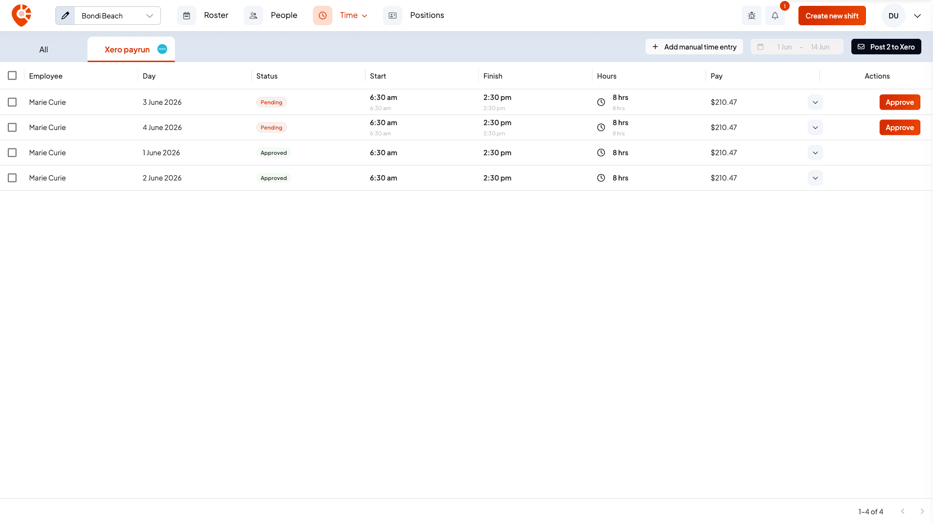 The Xero payrun tab listing a staff member's approved and pending timesheets for the pay period, with the period date control and a Post to Xero button