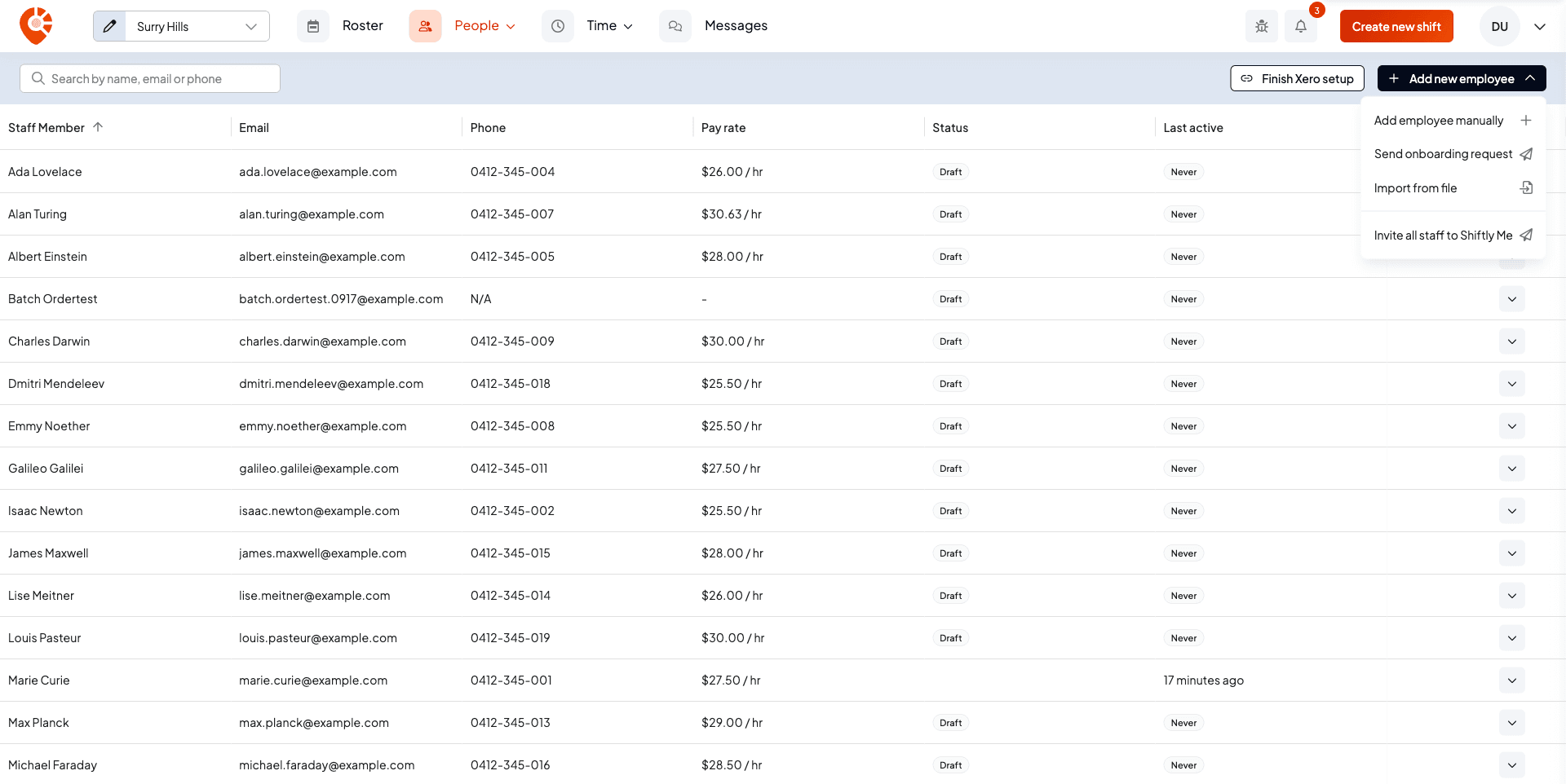 The People page with the Add new employee menu open, showing Add employee manually, Send onboarding request, Import from file and Invite all staff to Shiftly Me