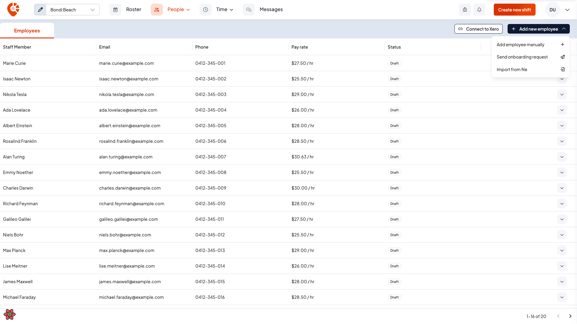 The People page with the Add new employee menu open, showing Add employee manually, Send onboarding request and Import from file