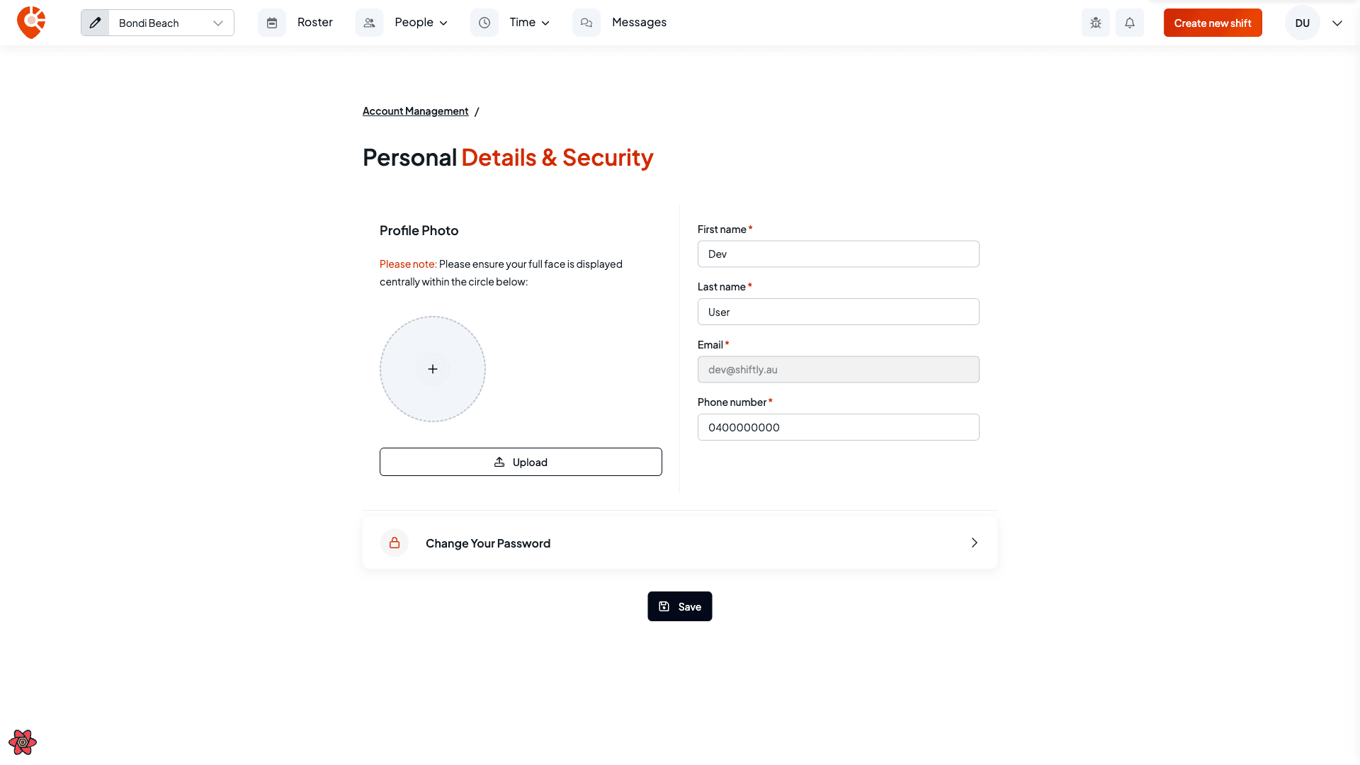The Personal details & security page