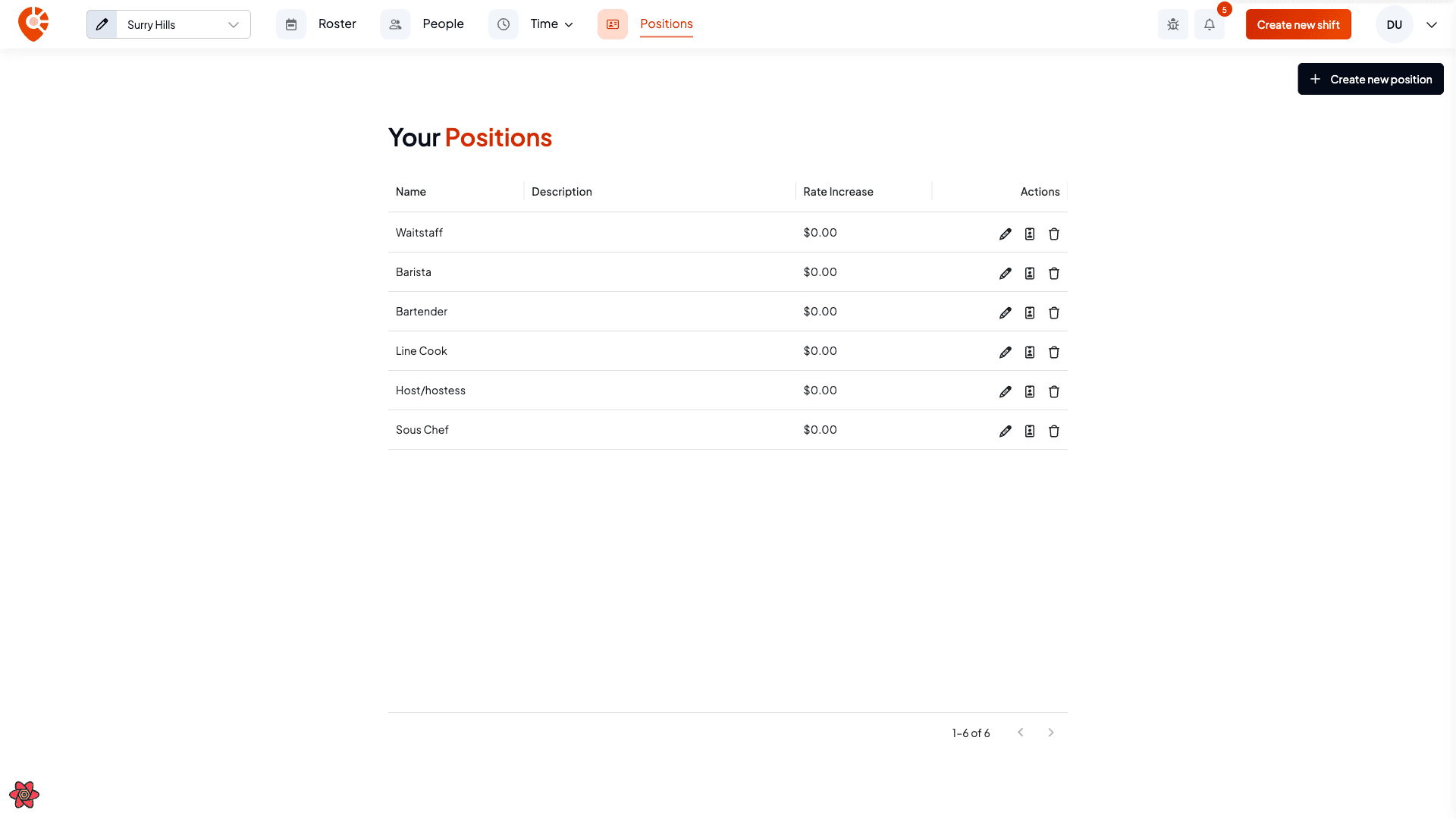 The Your positions table