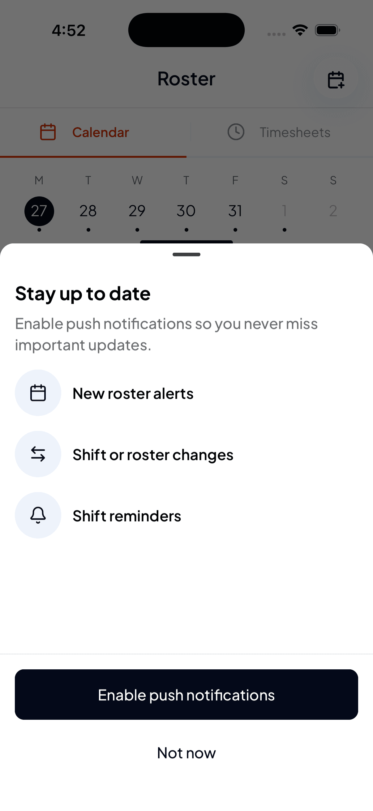 The Stay up to date prompt in Shiftly Me listing new roster alerts, shift or roster changes and shift reminders, with Enable push notifications and Not now