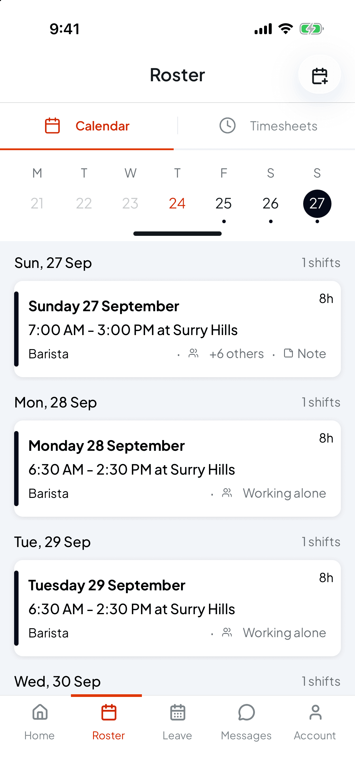The Roster tab in Shiftly Me with Sunday 27 selected, showing a Surry Hills Barista shift with +6 others and a Note marker, then shifts on Monday and Tuesday marked Working alone