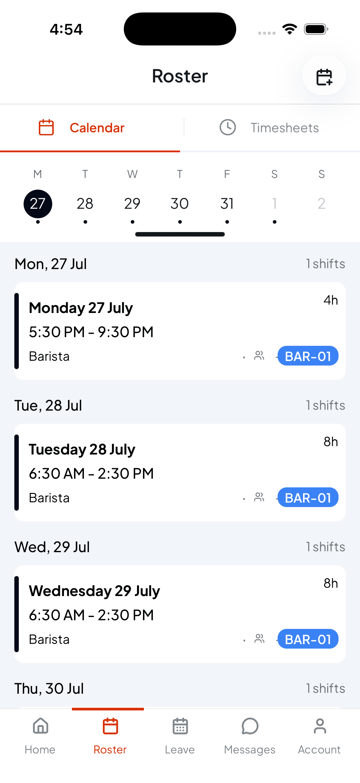 The Roster tab in Shiftly Me showing a week with dots marking shift days, and Barista shifts from 6:30 AM to 2:30 PM listed by day