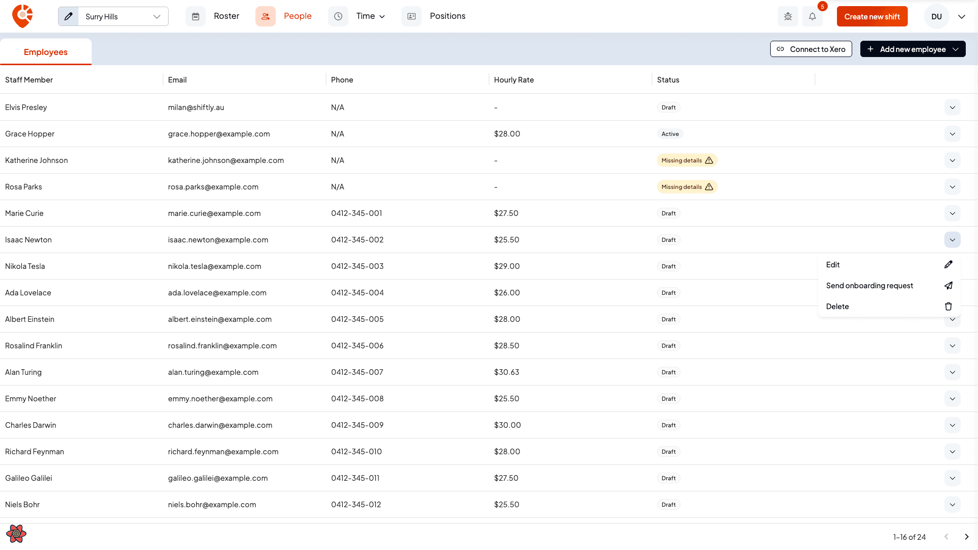 A staff member's row menu showing Edit, Send onboarding request and Delete
