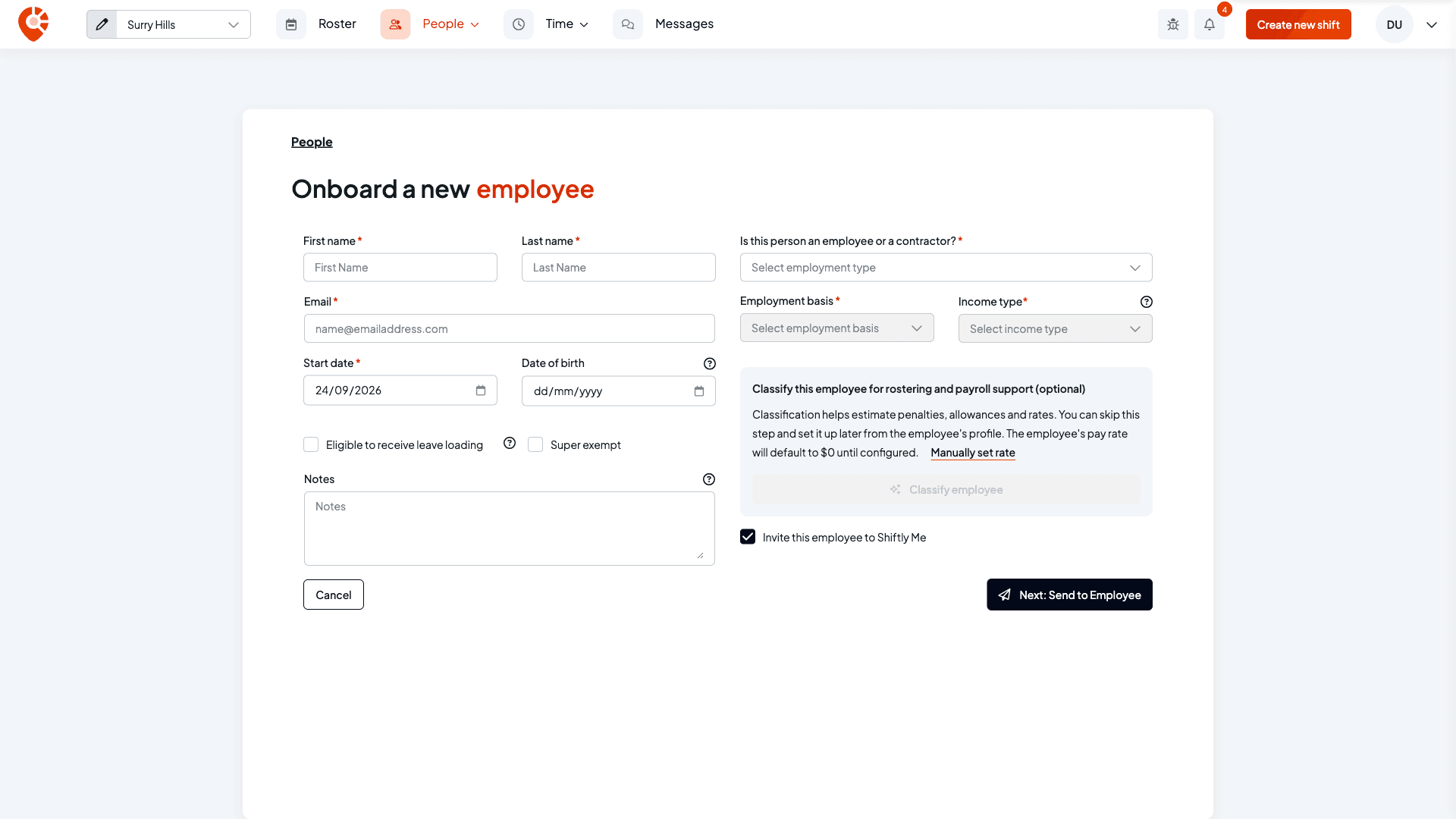 The Onboard a new employee page with the Next: Send to Employee button