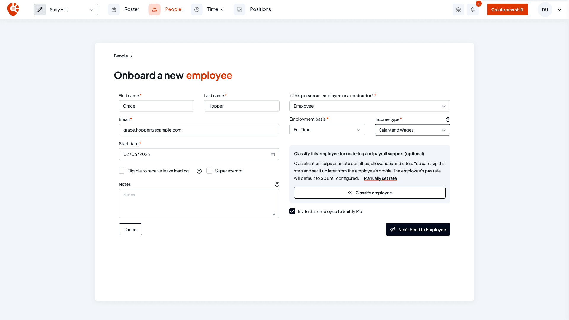 The onboard a new employee form with the Next: Send to Employee button