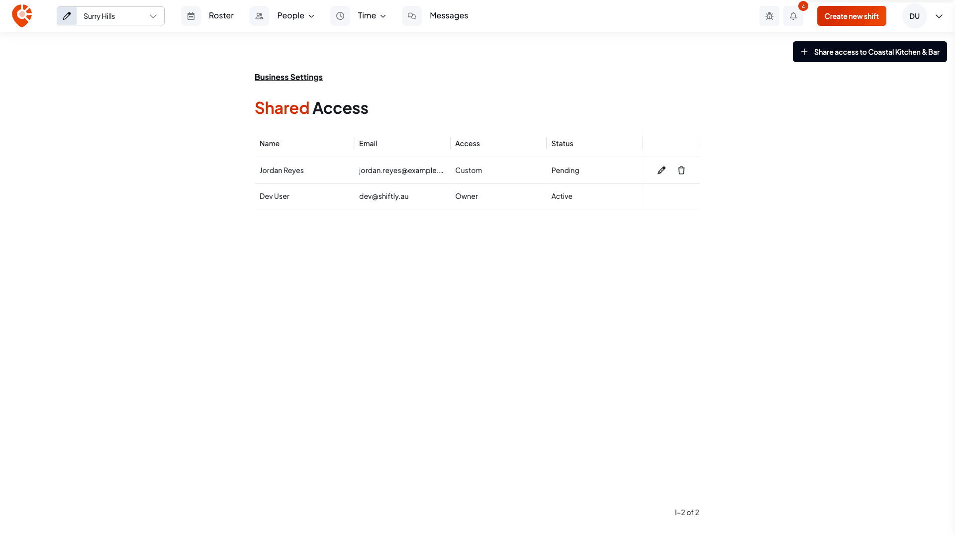 The Shared Access list with a pending invite for Jordan Reyes with Custom access, and the owner Dev User with Owner access and Active status