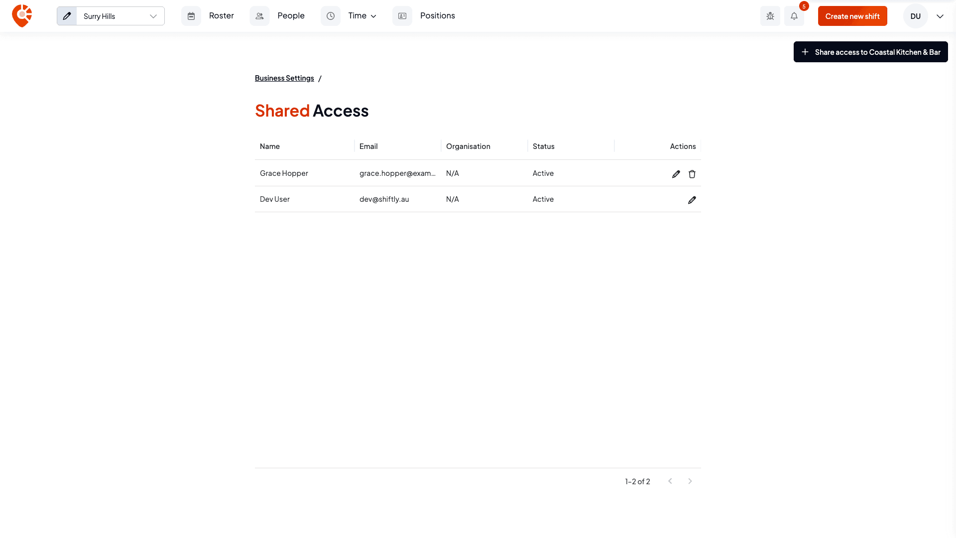 The Shared Access list with pending and active managers and per-row actions