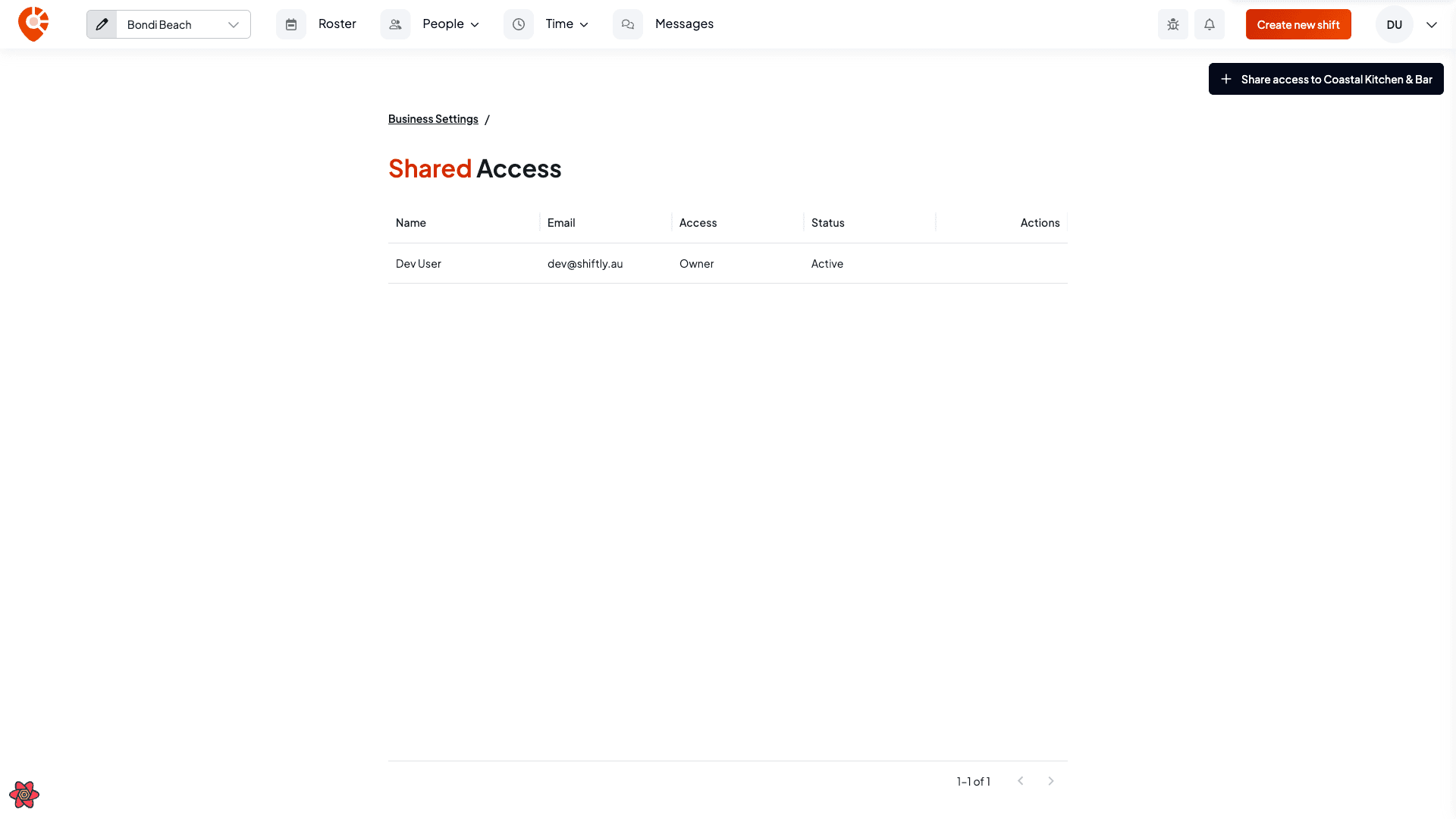 The Shared access list showing name, email, access and status columns