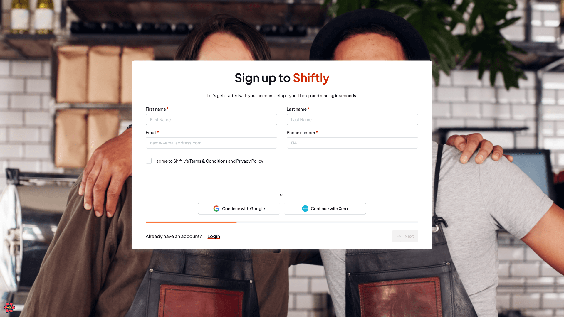The Shiftly sign-up page asking for first name, last name, email and phone number, with a Terms and Conditions agreement and Continue with Google and Xero options