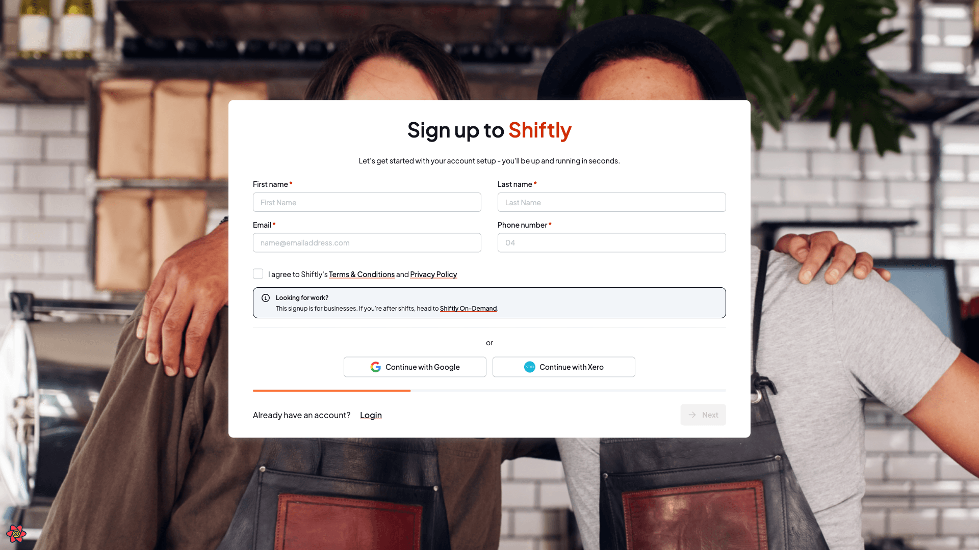 The Shiftly sign-up page asking for first name, last name, email and phone number, with a Terms and Conditions agreement and Continue with Google and Xero options