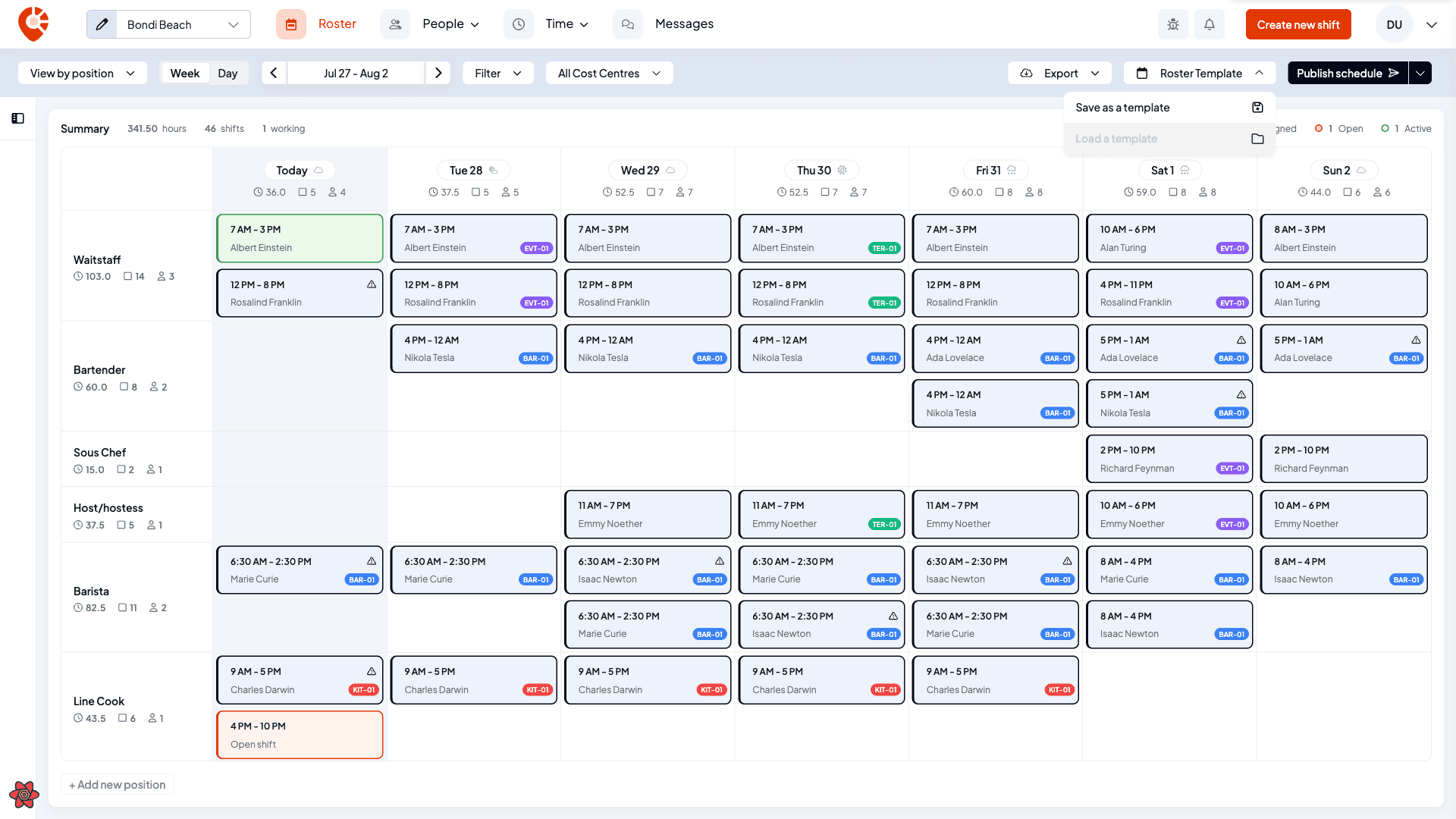 The Roster Template menu open with Save as a template and Load a template options