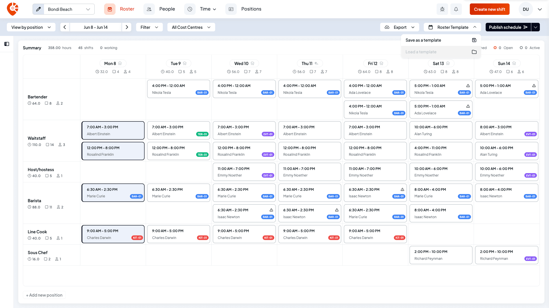 The Roster Template menu open with Save as a template and Load a template options