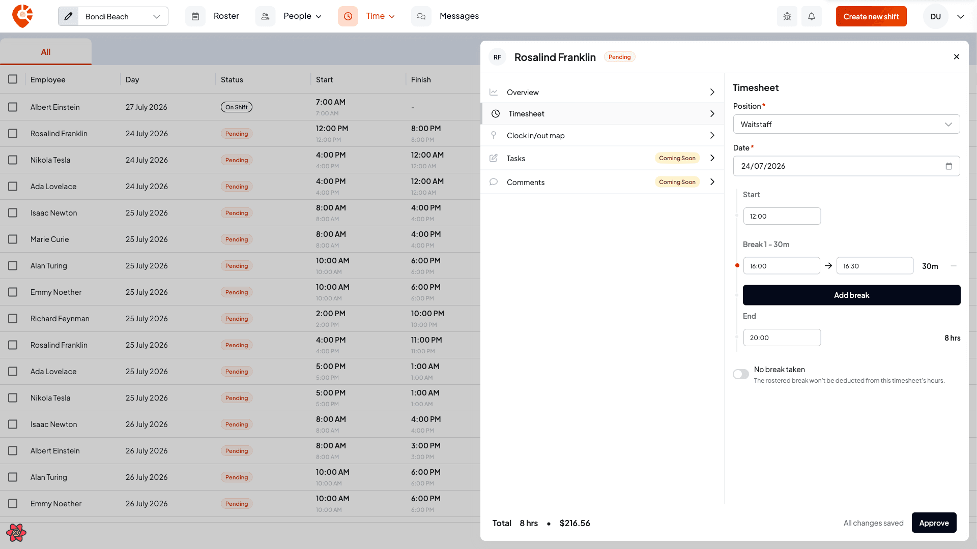 The Timesheet tab showing a scheduled-times reset banner, position and date fields, start and end time selectors, an editable meal break and an Add break button
