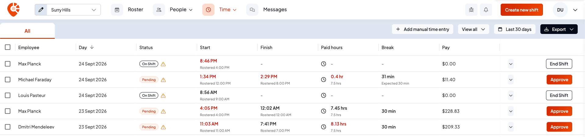 The Timesheets page with only the All tab, because Xero's pay settings aren't finished yet. The Xero payrun tab would appear beside All once they are