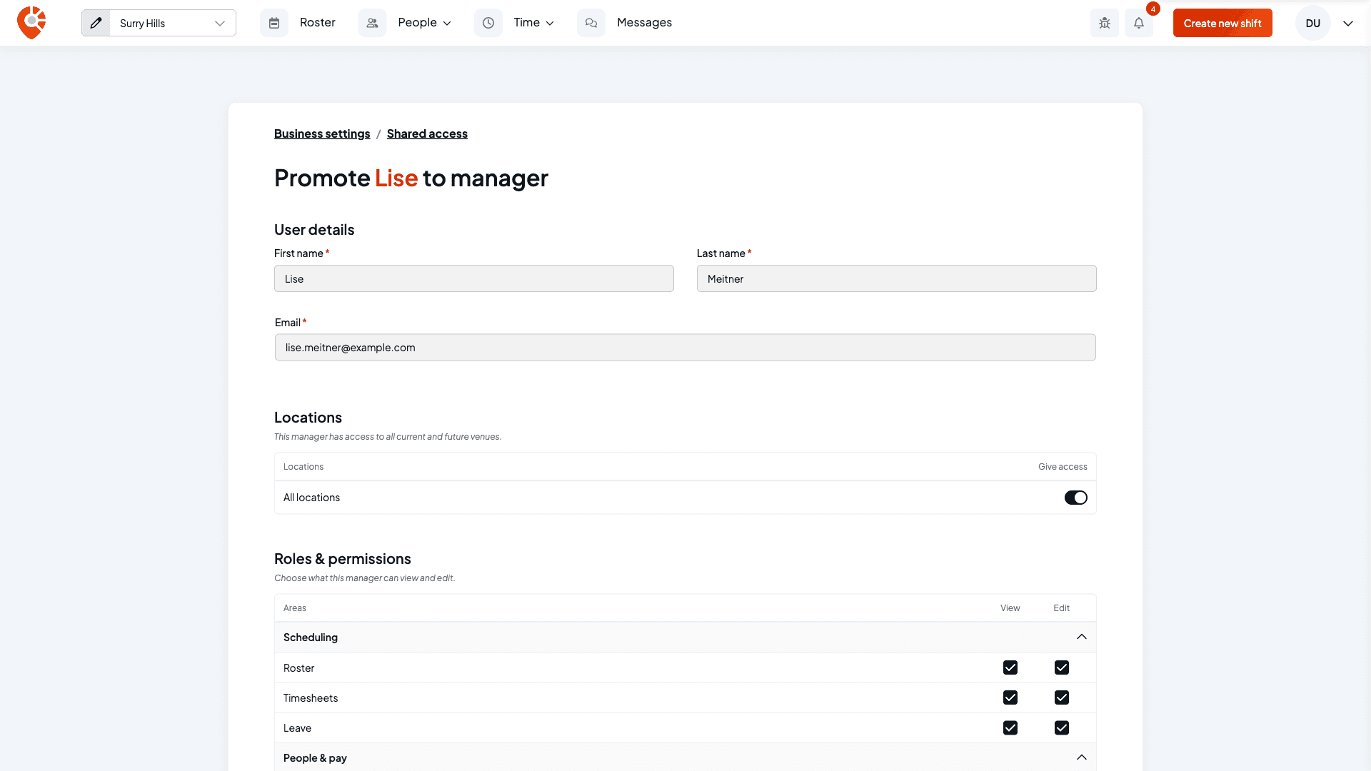 The Promote Lise to manager page with read-only first name, last name and email, and the All locations switch turned on
