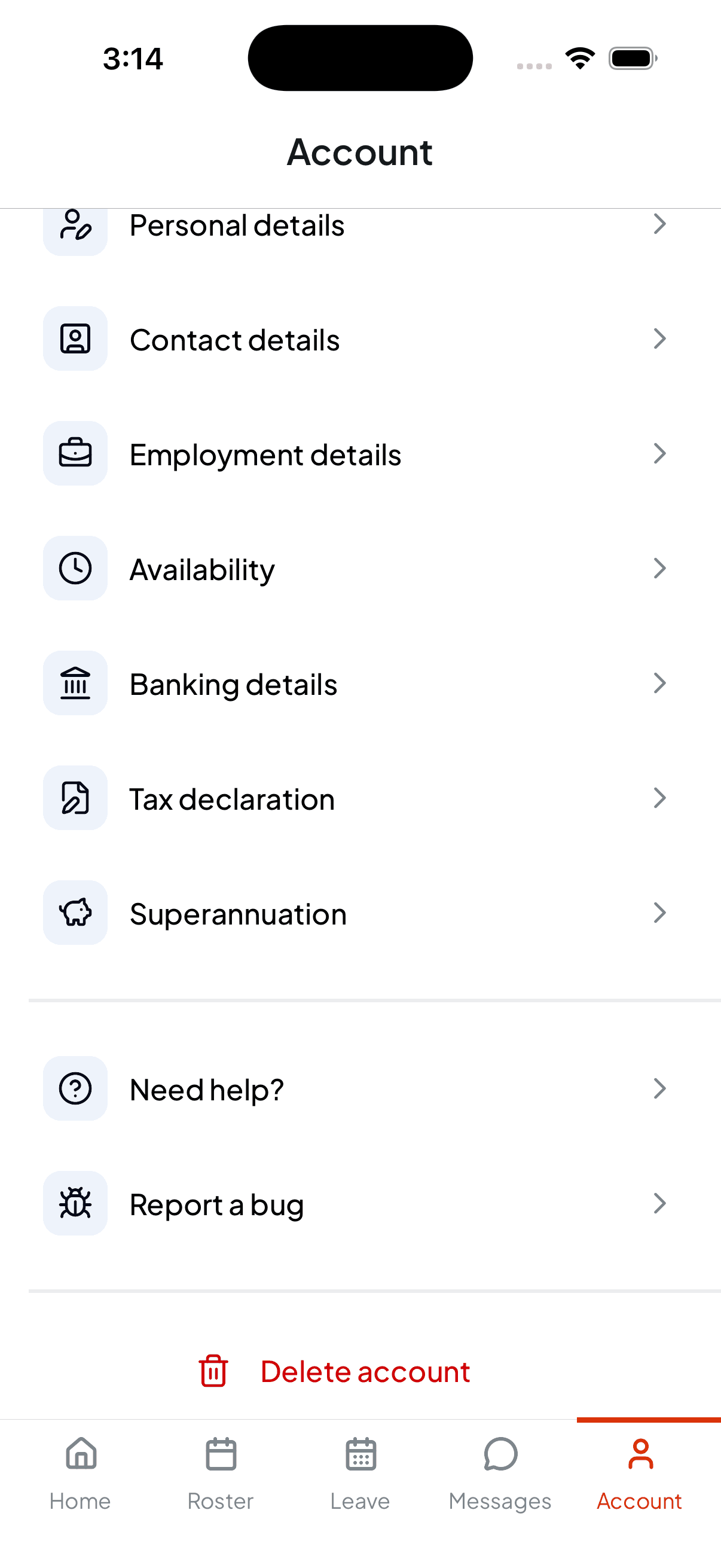 The rest of the Account list showing banking, tax declaration and superannuation, with Need help, Report a bug and Delete account below