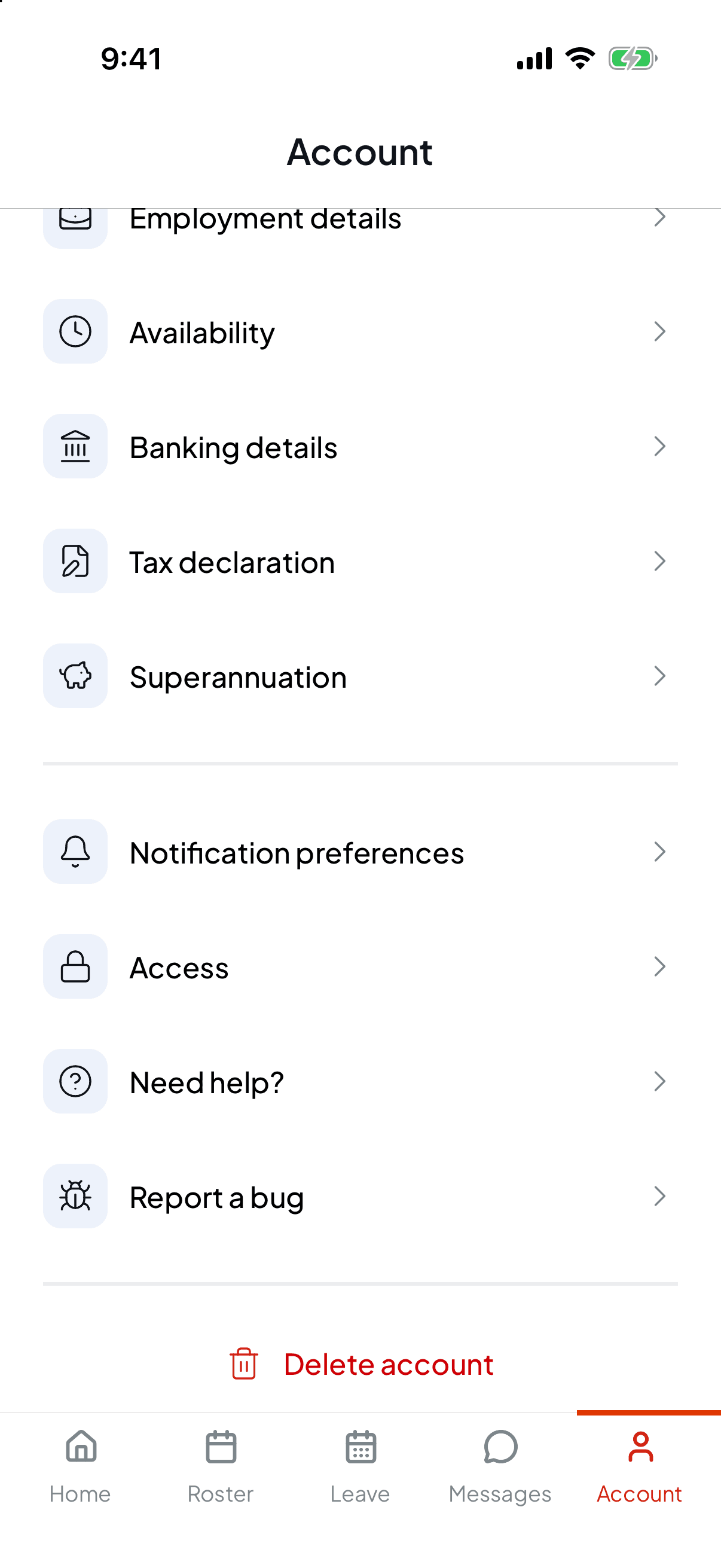 The rest of the Account menu showing Banking details, Tax declaration, Superannuation, Notification preferences, Access, Need help, Report a bug and Delete account