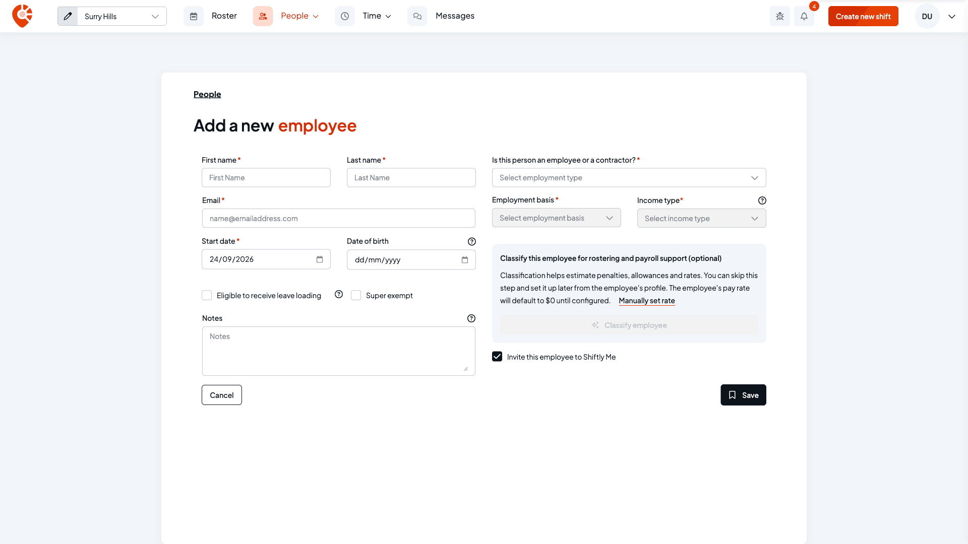 The Add a new employee page with name, email, start date, date of birth, leave loading, super exempt, notes, employment type, basis, income type, the classify section and the Invite this employee to Shiftly Me checkbox