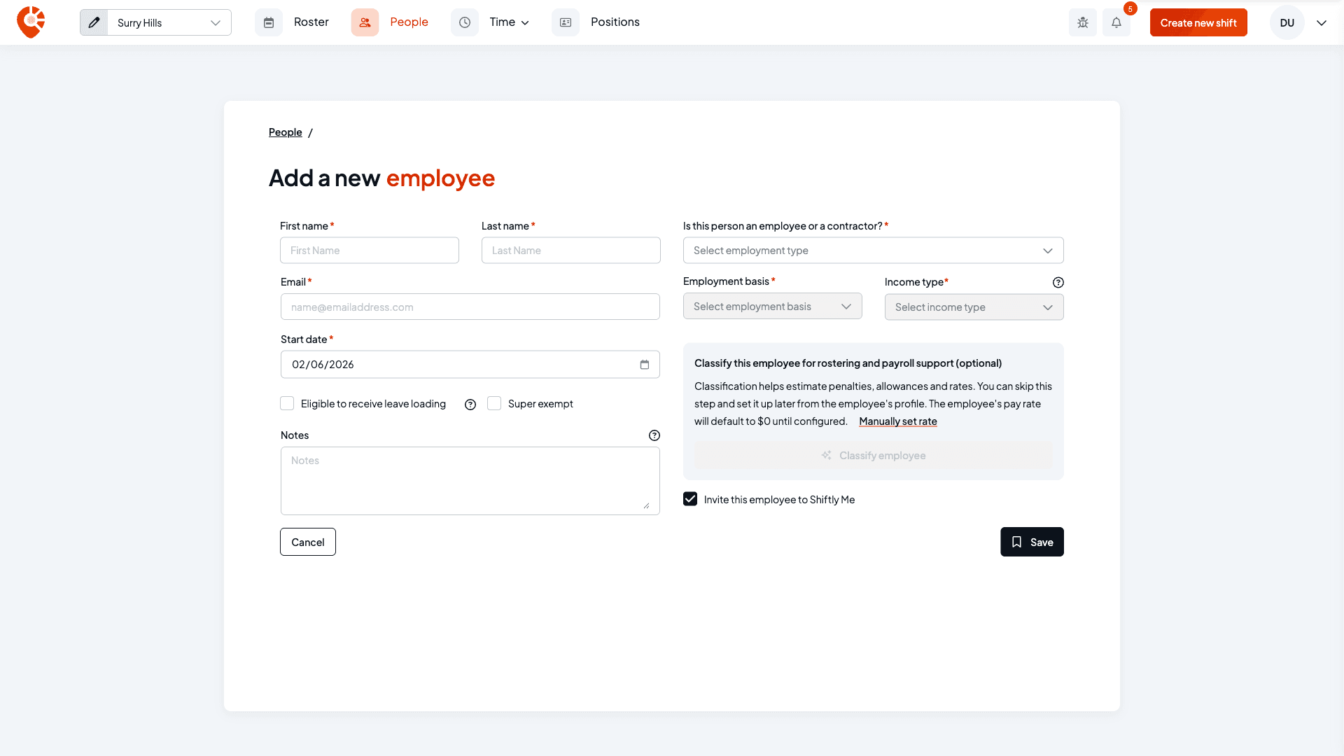 The empty Add a new employee form with first name, last name, email and start date