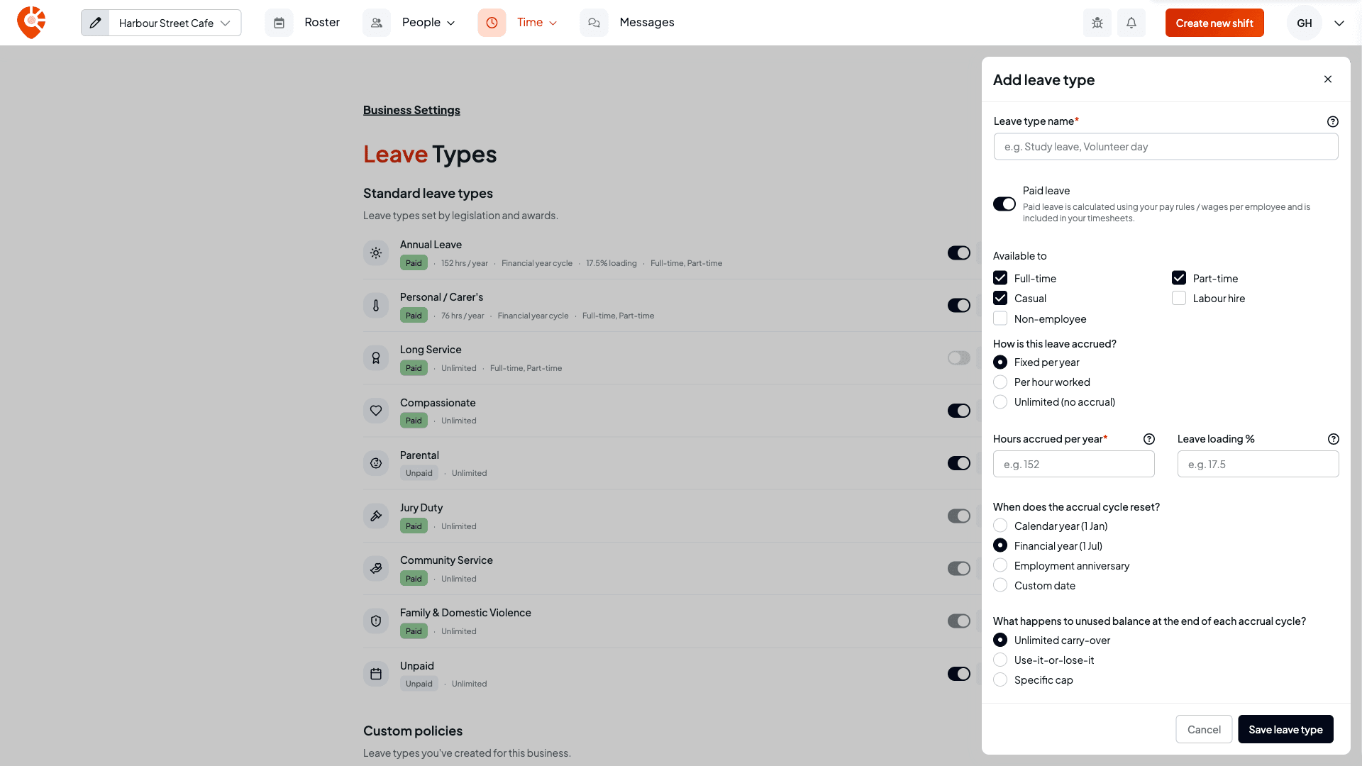 The Add leave type drawer with the leave type name, the Paid leave switch, the Available to options and the accrual settings