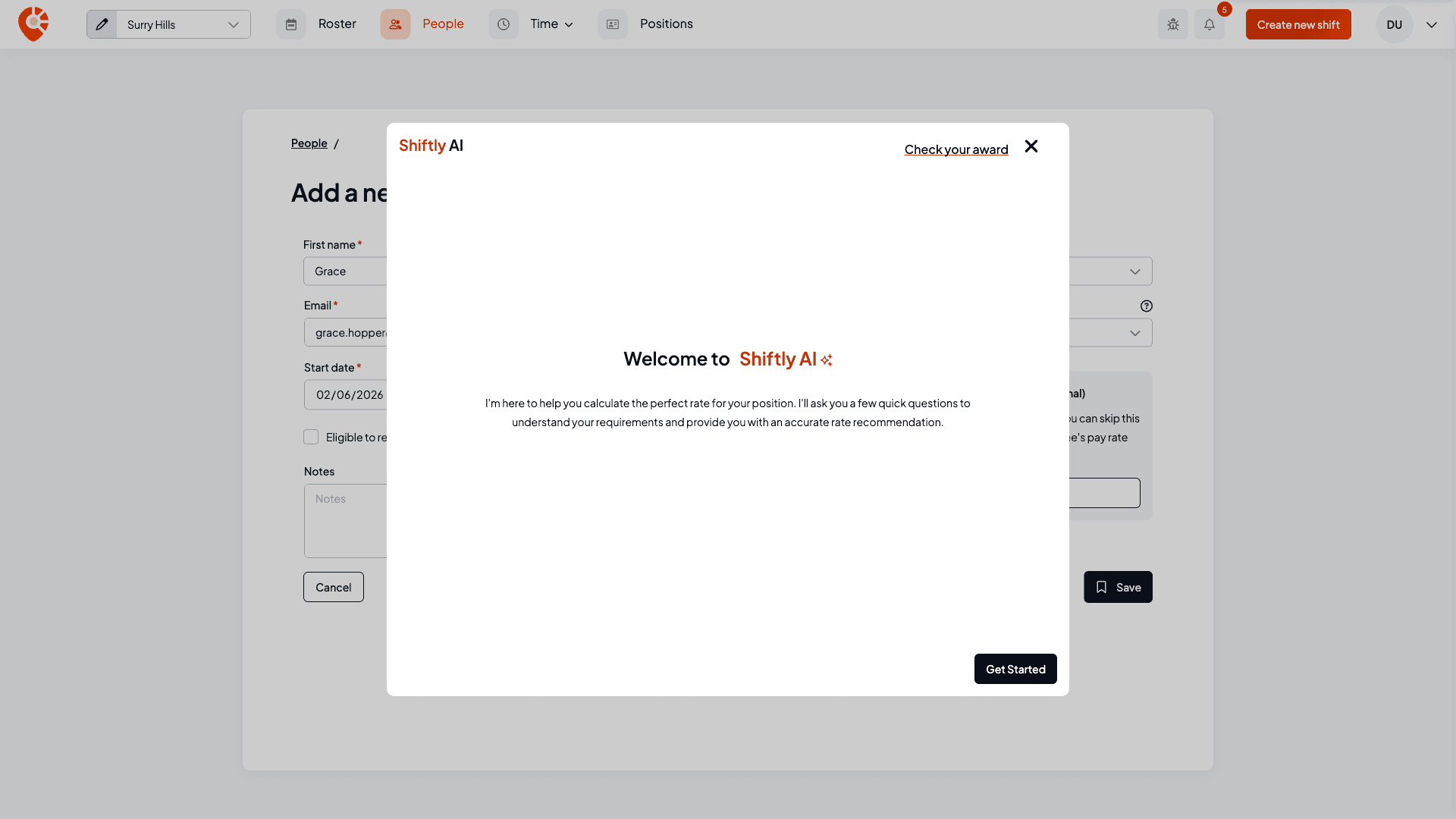 The Shiftly AI welcome screen explaining it will ask a few questions to calculate the rate