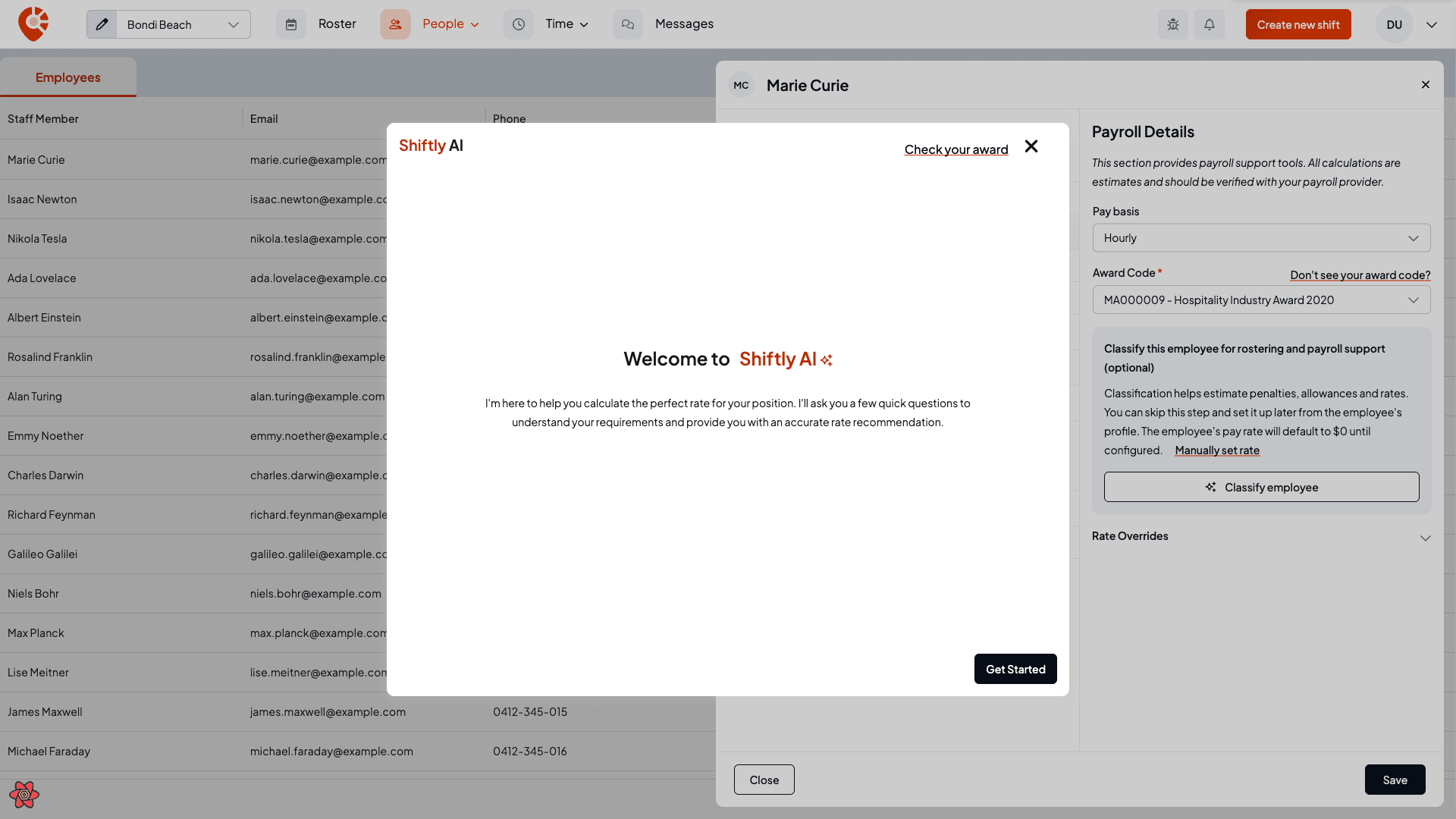 The Shiftly AI welcome screen explaining it will ask a few questions to calculate the rate