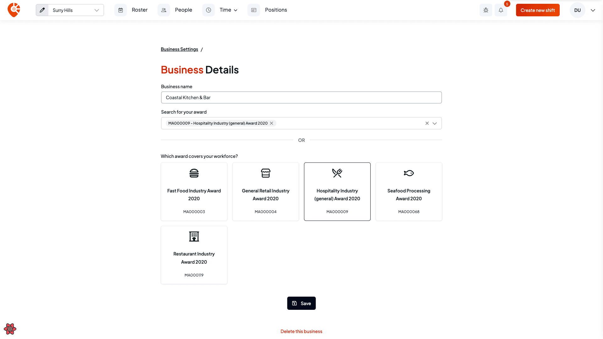 The Business details page showing the name field, award selector, and Save button