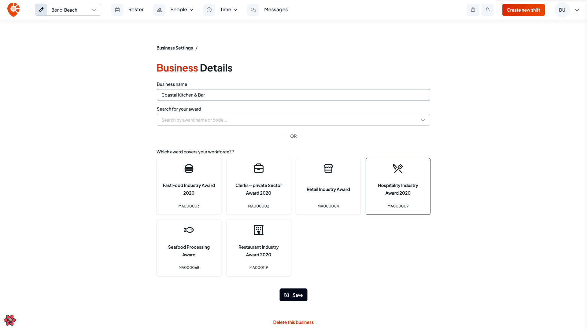 The Business details page showing the name field, award selector, and Save button