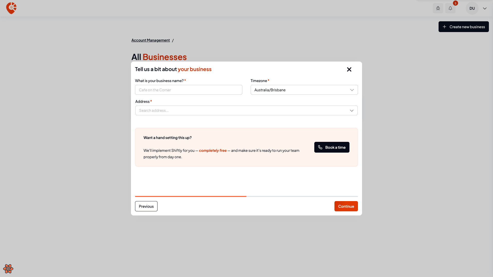 Step one of the wizard: business name, timezone, and address fields