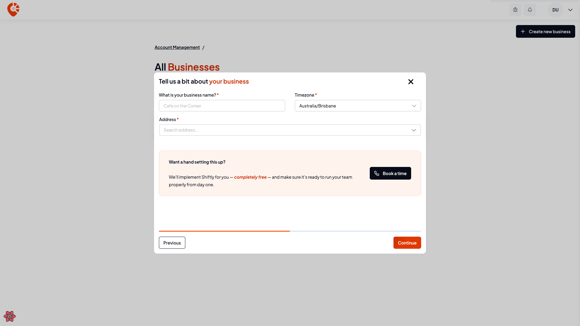 Step one of the wizard: business name, timezone, and address fields