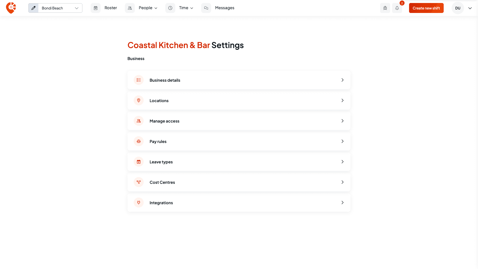 The Coastal Kitchen & Bar Settings page with cards for Business details, Locations, Manage access, Pay rules, Leave types, Tags and Integrations