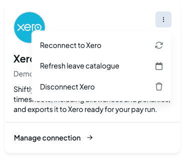 The Xero card's menu open, with Reconnect to Xero, Refresh leave catalogue and Disconnect Xero