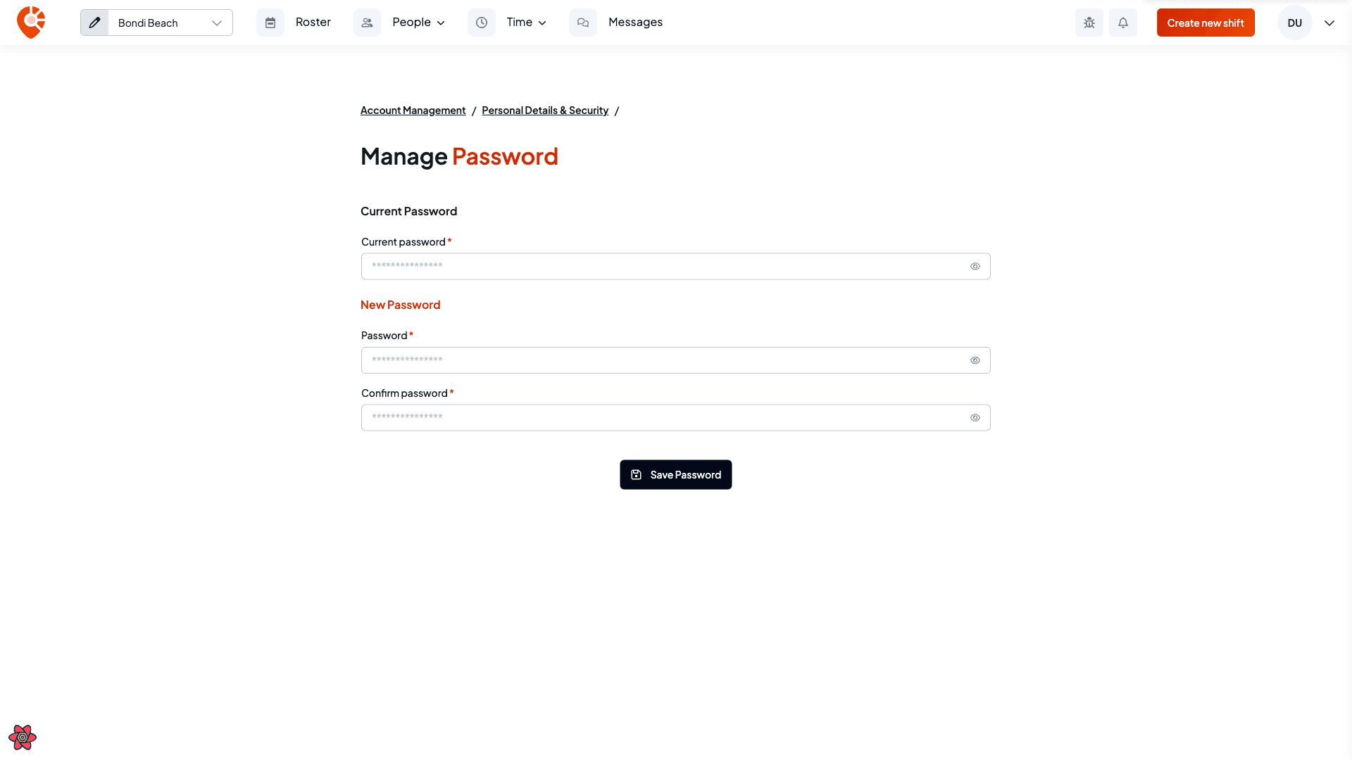 The Manage password page