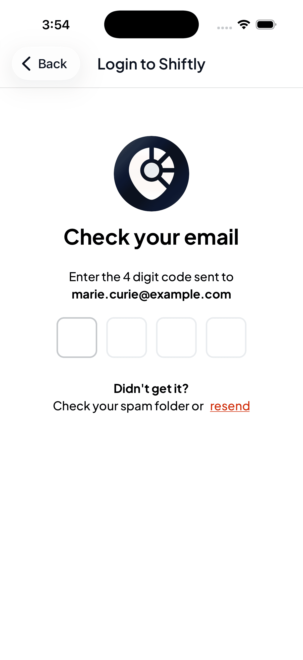 The Check your email screen asking for a 4 digit code sent to the address, with four entry boxes and a resend link