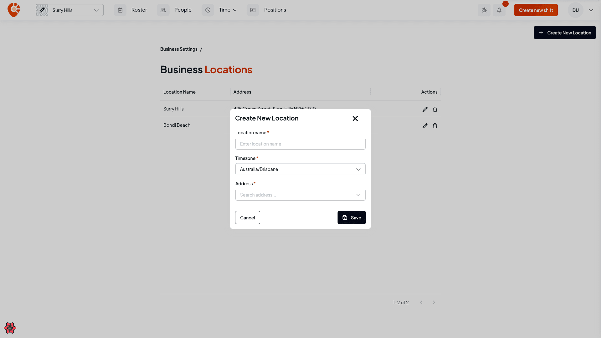 The Create New Location modal