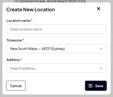 The Create New Location dialog with Location name, Timezone and Address fields