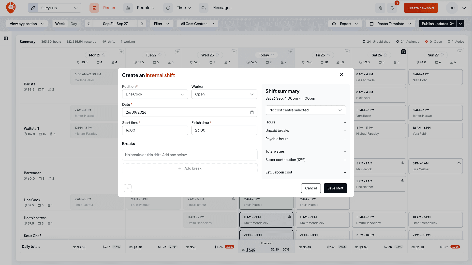 The Create an internal shift form for a Saturday Line Cook shift from 16:00 to 23:00 with Worker set to Open