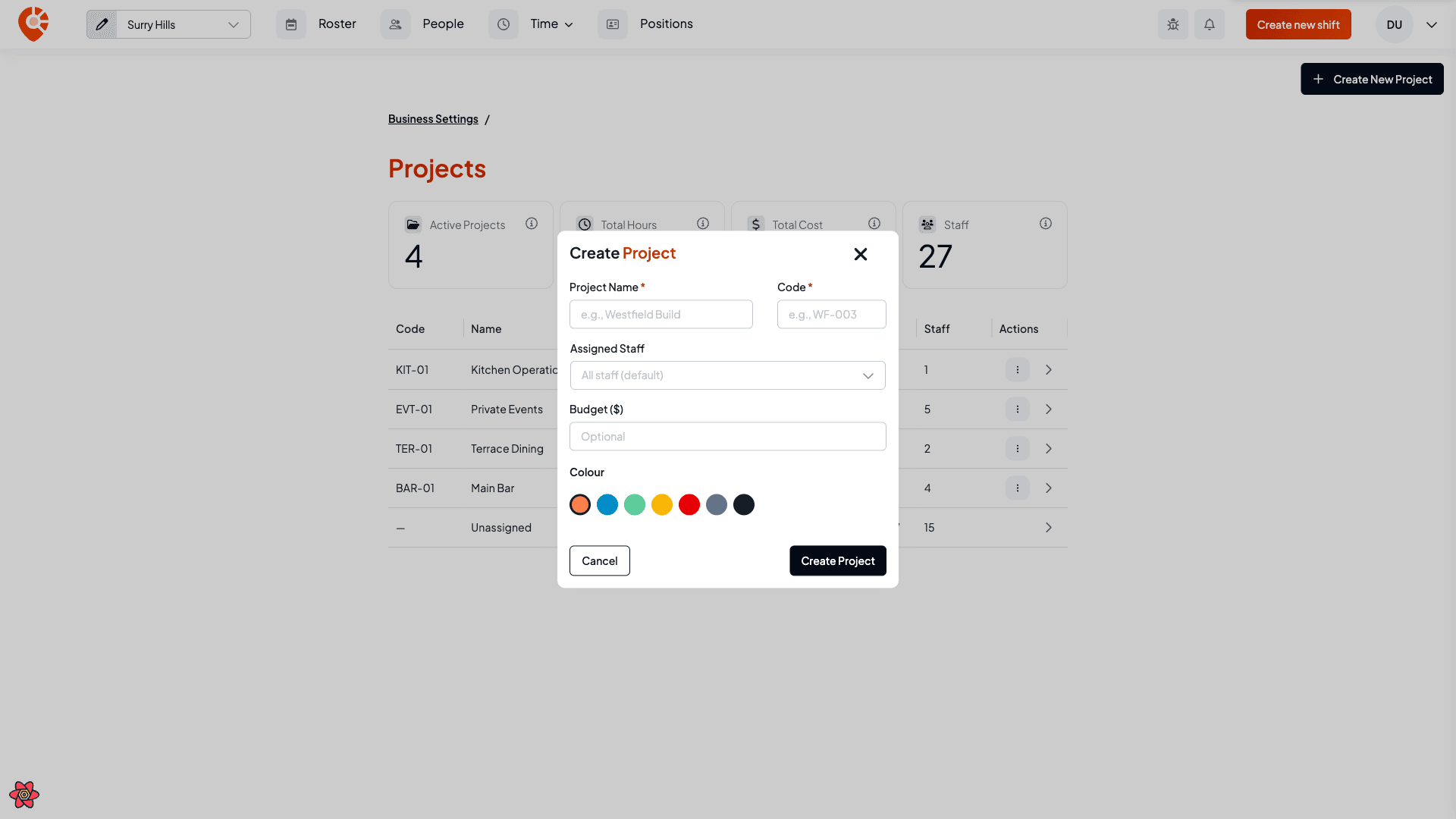 The Create project modal