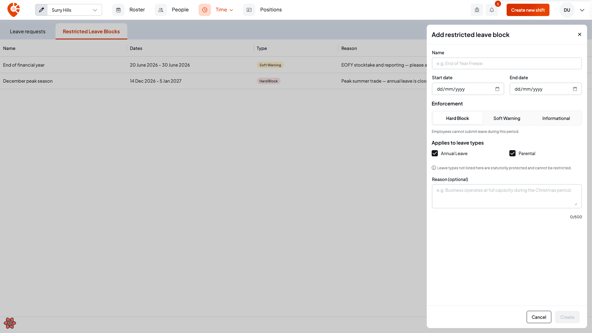 The create restricted leave block drawer