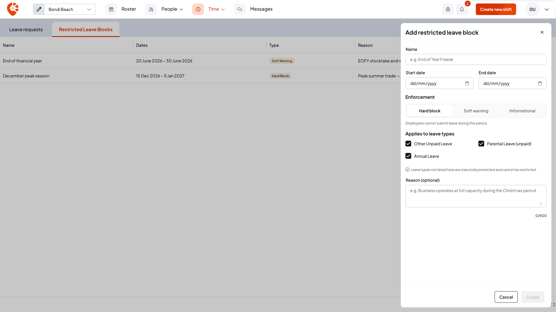 The Add restricted leave block drawer with name, start and end date, the Hard block, Soft warning and Informational options, the leave types it applies to, and an optional reason