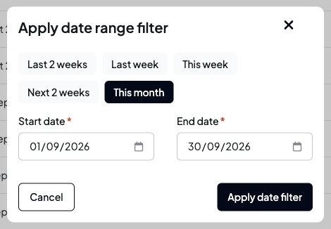 The Apply date range filter dialog with the Last 2 weeks, Last week, This week, Next 2 weeks and This month presets, start and end dates, and Apply date filter
