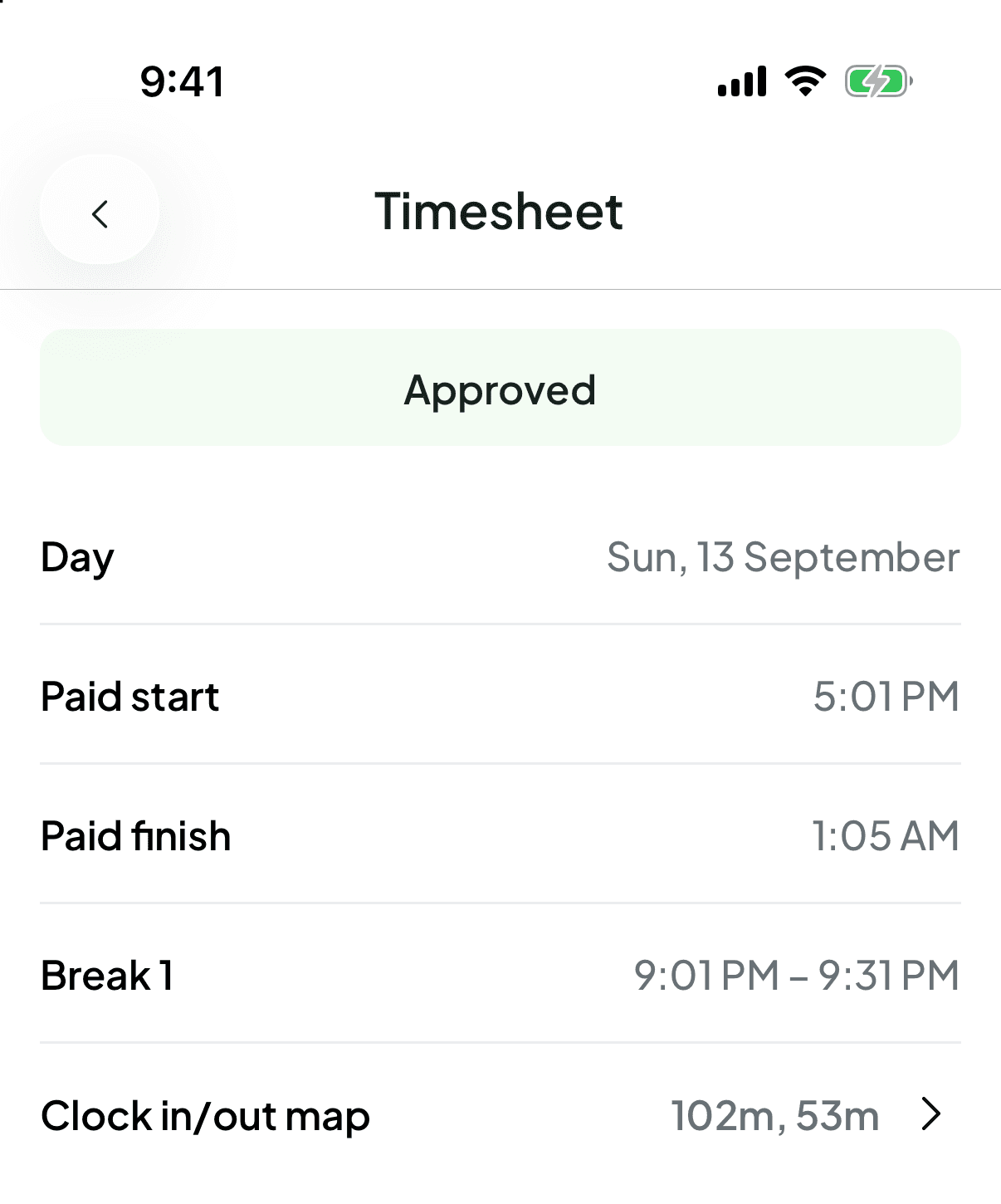 A timesheet marked Approved showing the day, paid start 5:01 PM, paid finish 1:05 AM, one break, and the Clock in/out map row
