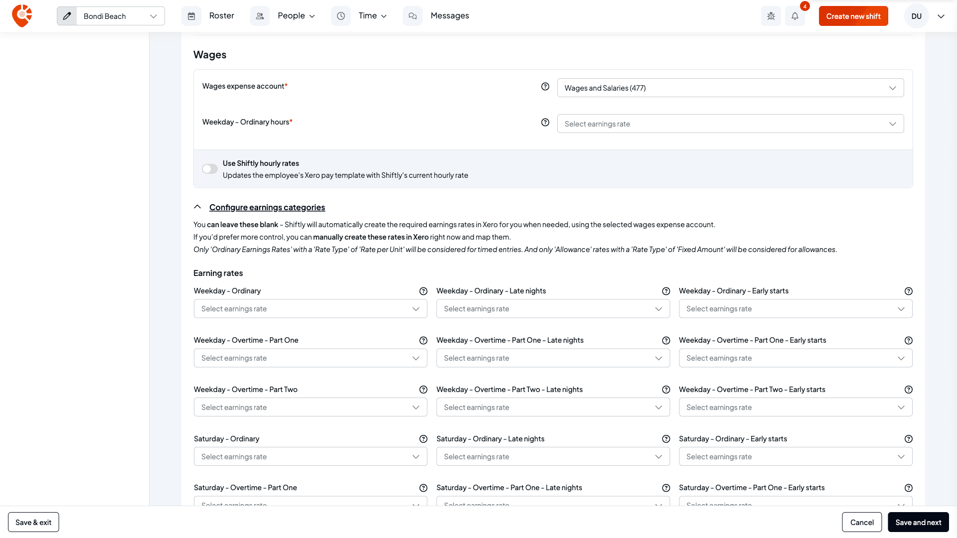 Configure earnings categories opened on an award Shiftly fully supports, explaining you can leave the rates blank, with a Select earnings rate field for each kind of pay such as Weekday - Ordinary, Weekday - Overtime - Part One and Saturday - Ordinary
