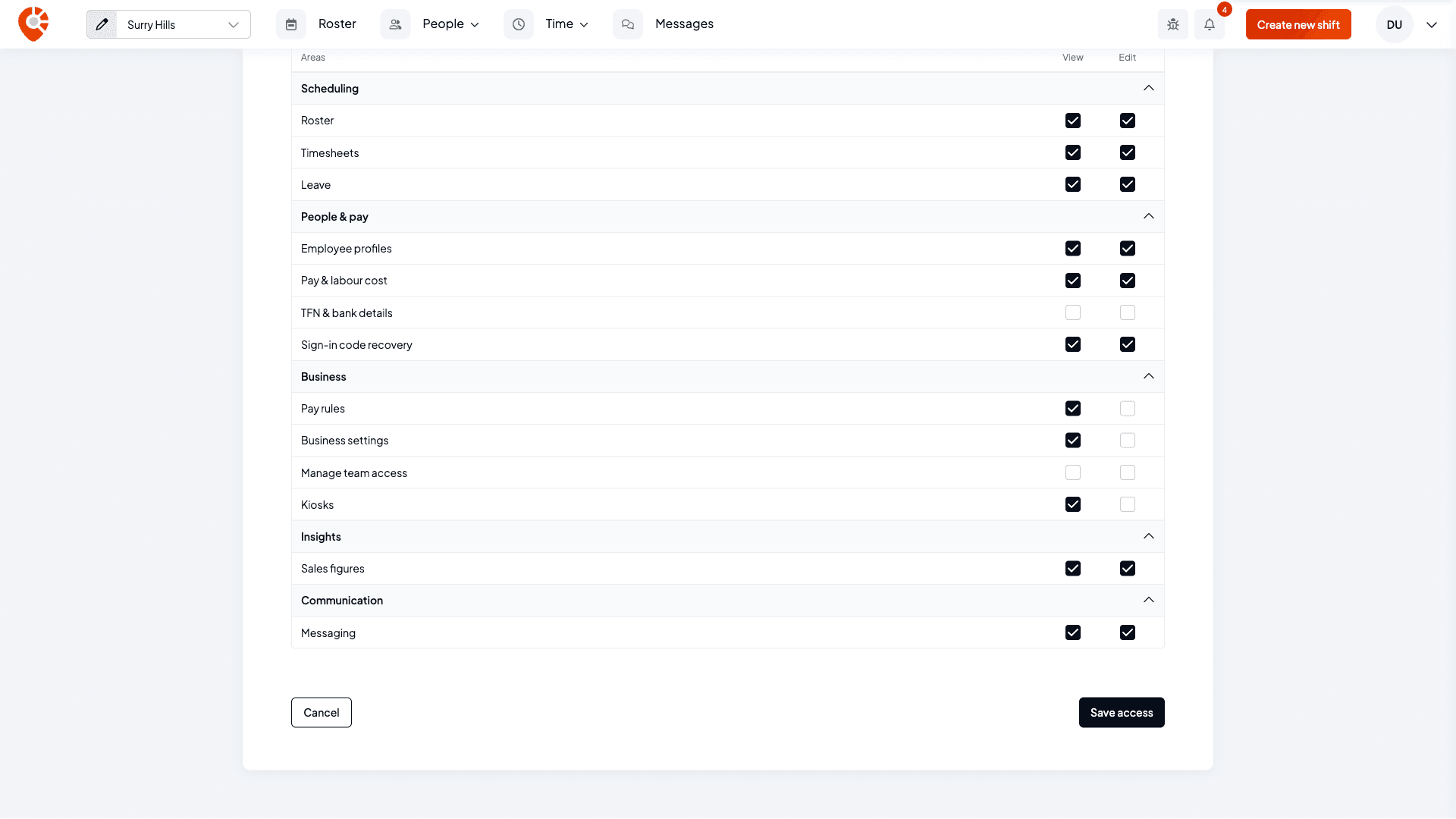 The Roles and permissions grid for Jordan Reyes, with TFN and bank details and Manage team access unticked, view-only access to Pay rules, Business settings and Kiosks, and a Save access button