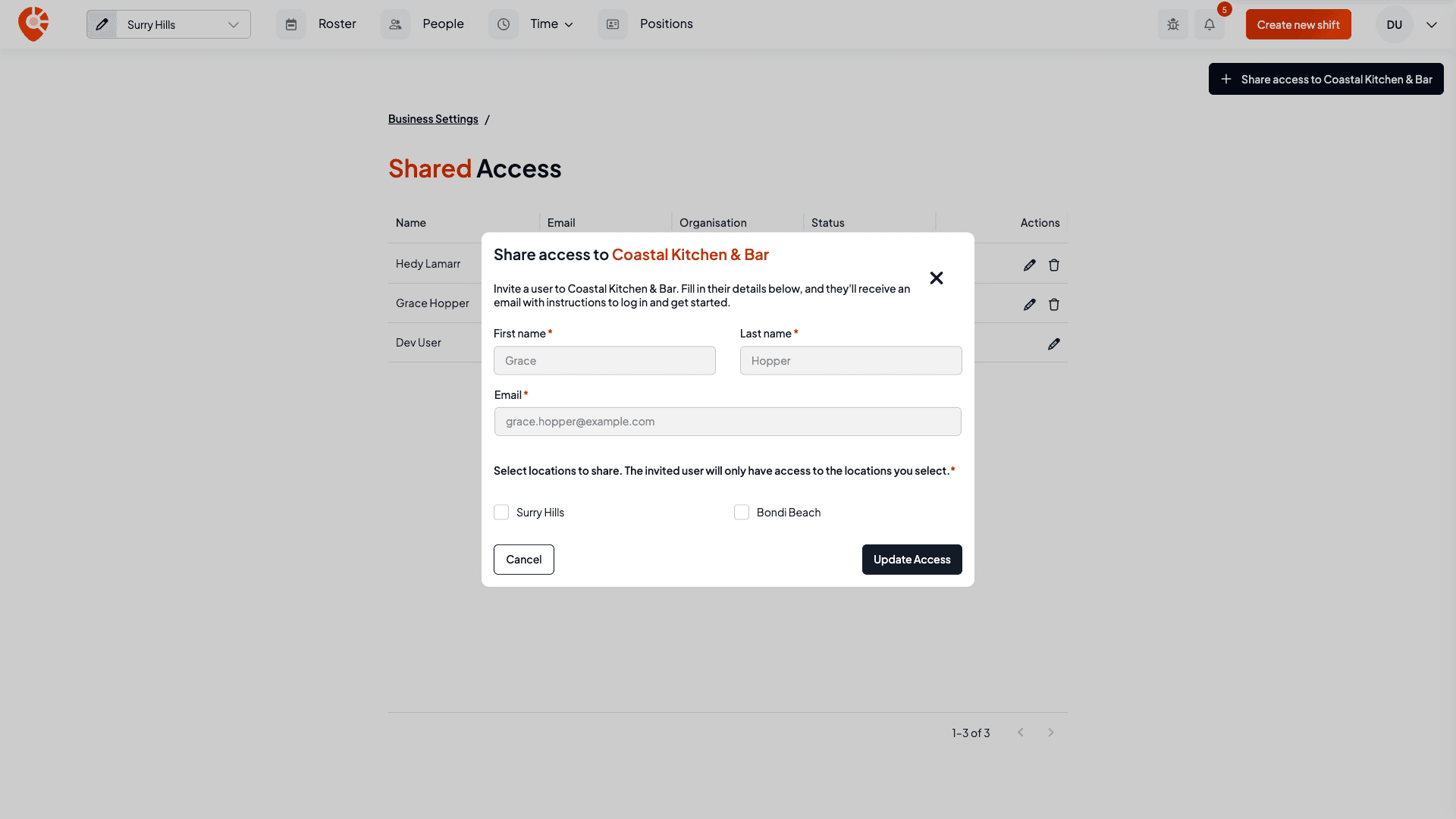 The edit access modal with name and email locked and location checkboxes editable