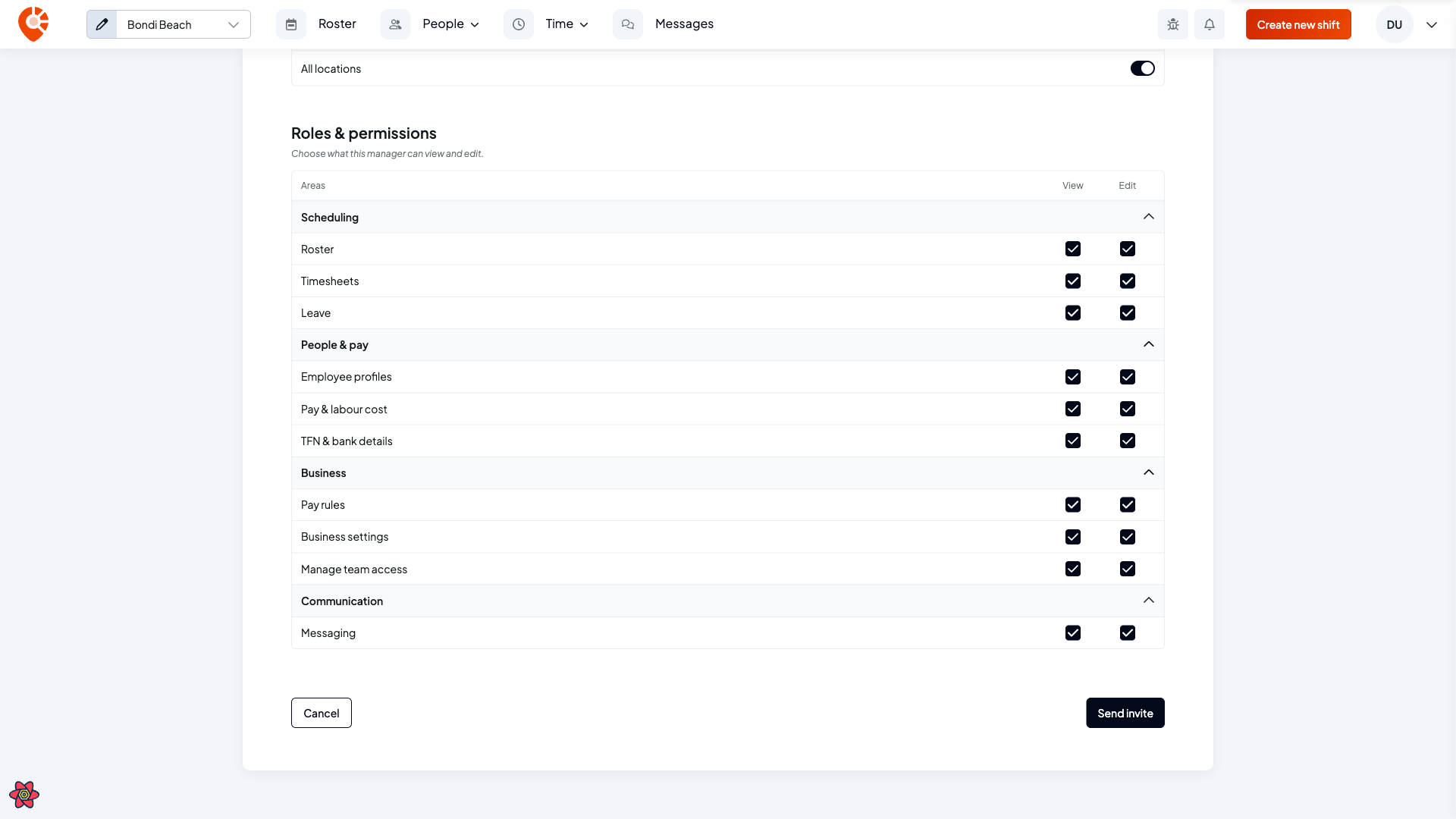 The access form showing the Roles and permissions grid with Scheduling, People and pay, Business and Communication areas, each with View and Edit checkboxes
