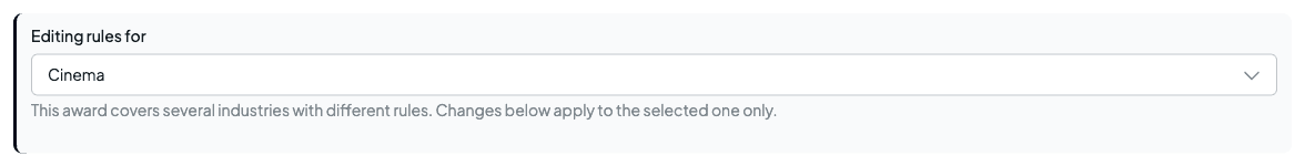 The Editing rules for menu set to Cinema, with the hint This award covers several industries with different rules. Changes below apply to the selected one only.